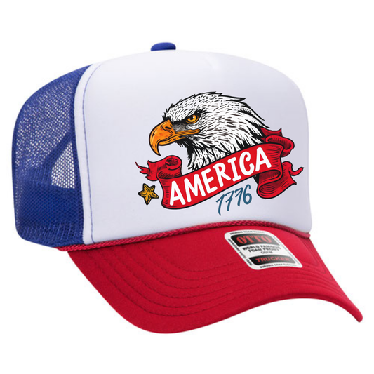 America 1776 Trucker Hat 🦅 Bold Bald Eagle Patriotic Cap