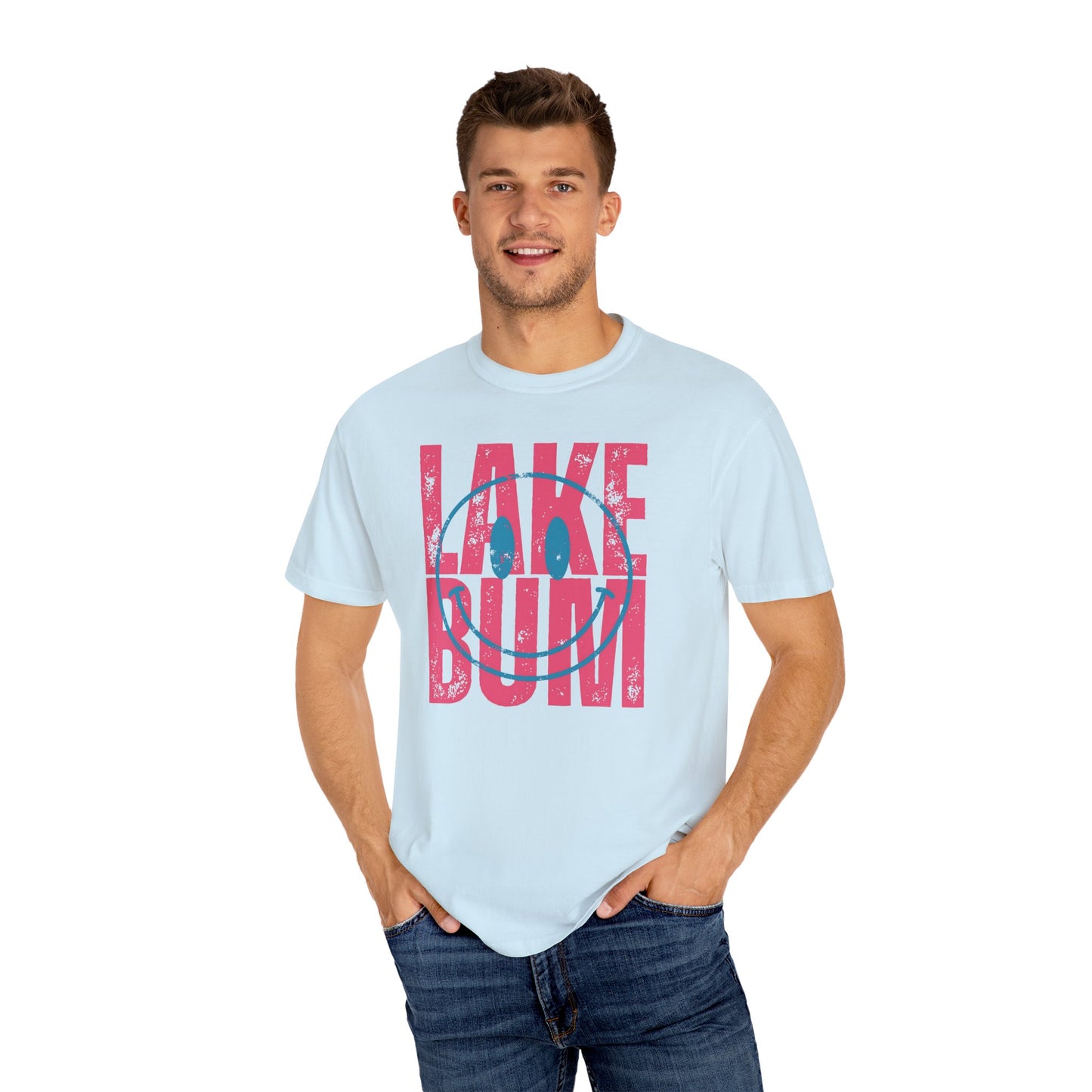 Lake Bum Life T-shirt, Summer Vacation Shirt, Smiley Face Tee for Spring Break, Unisex Garment-Dyed