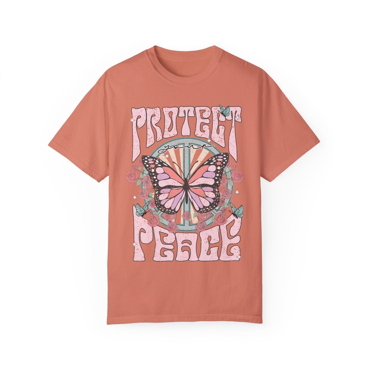 Uplifting Butterfly Unisex Garment-Dyed T-shirt, Spiritual Wellness Tee, Motivational Retro Tee, Trendy Tee for Peace, Protect Your Peace