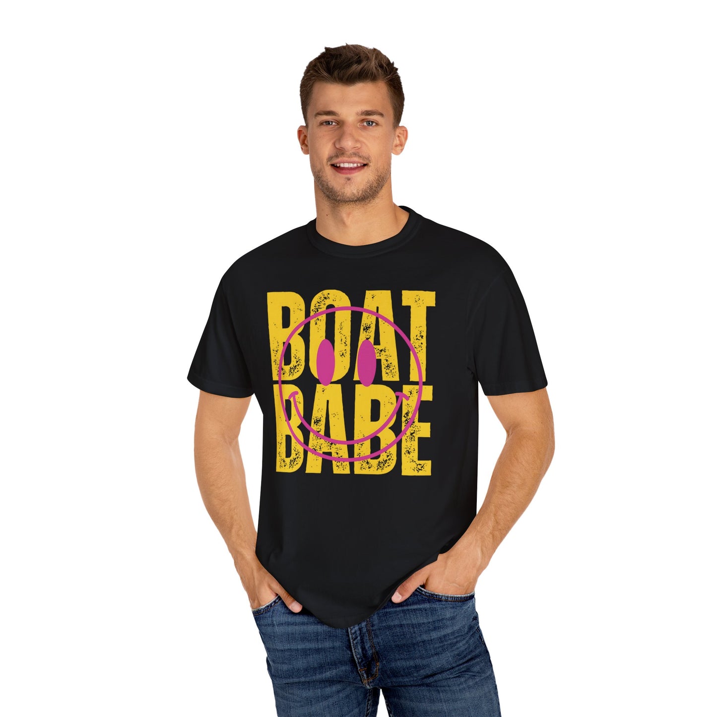 Boat Babe Summer Vacation T-shirt, Smiley Face Tee for Spring Break, Unisex Garment-Dyed Shirt, Girls Trip Tee