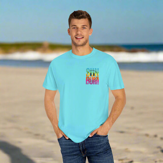 Sun Beach Life Unisex Garment-Dyed T-shirt, Summer, Spring Break, Bum Smiley Face Vacation Shirt, Front and Back Design, Large Back Design