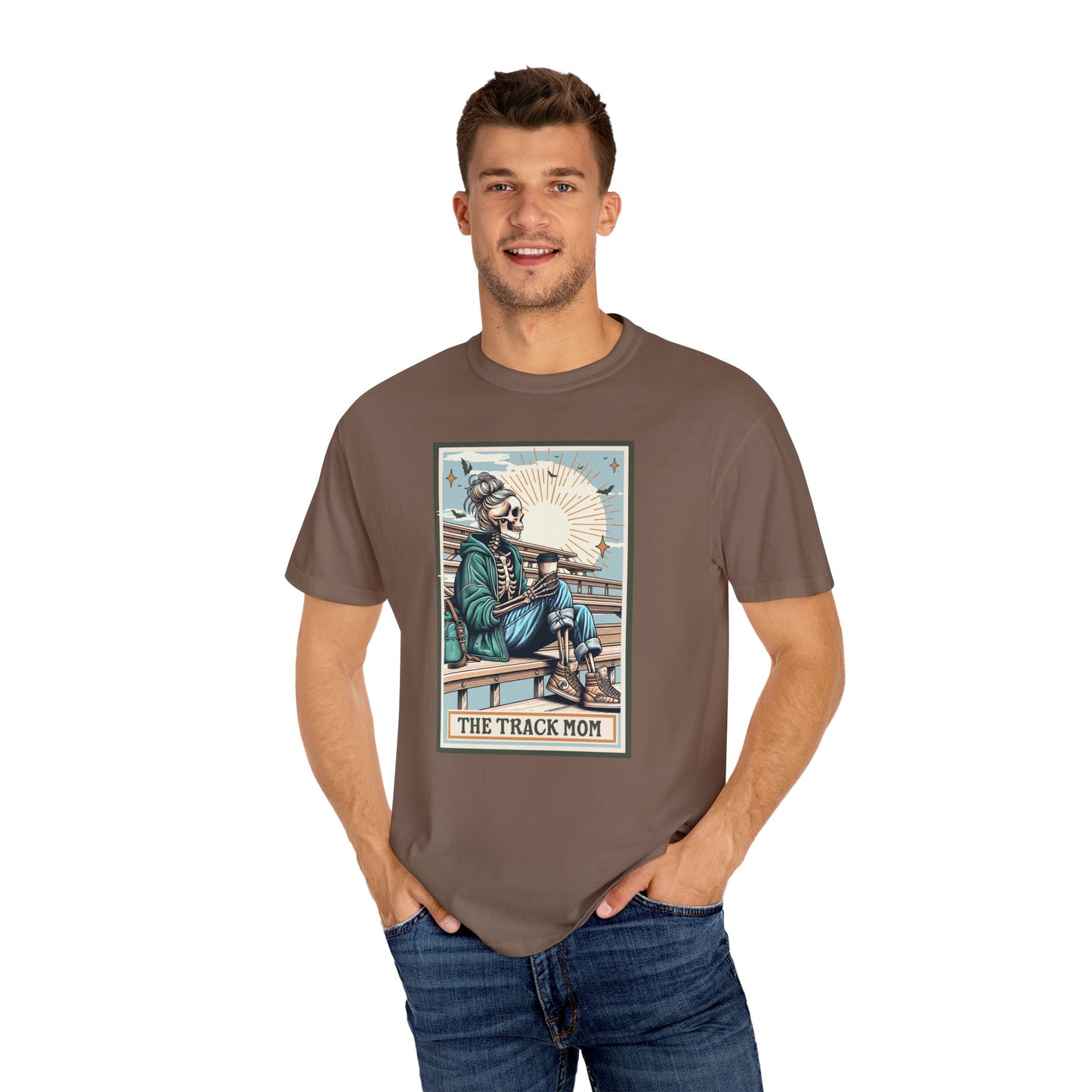 The Track Mom Skeleton Tarot Unisex Tee, Graphic T-Shirt, Unisex Garment-Dyed Shirt, Track Mom Tee, Tarot Lover Shirt, Skeleton