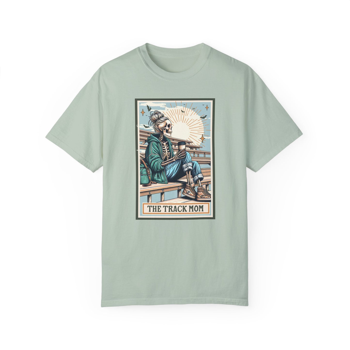 The Track Mom Skeleton Tarot Unisex Tee, Graphic T-Shirt, Unisex Garment-Dyed Shirt, Track Mom Tee, Tarot Lover Shirt, Skeleton