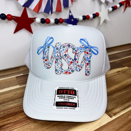 USA Floral Bow Trucker Hat 🎀 Coquette Patriotic Snapback
